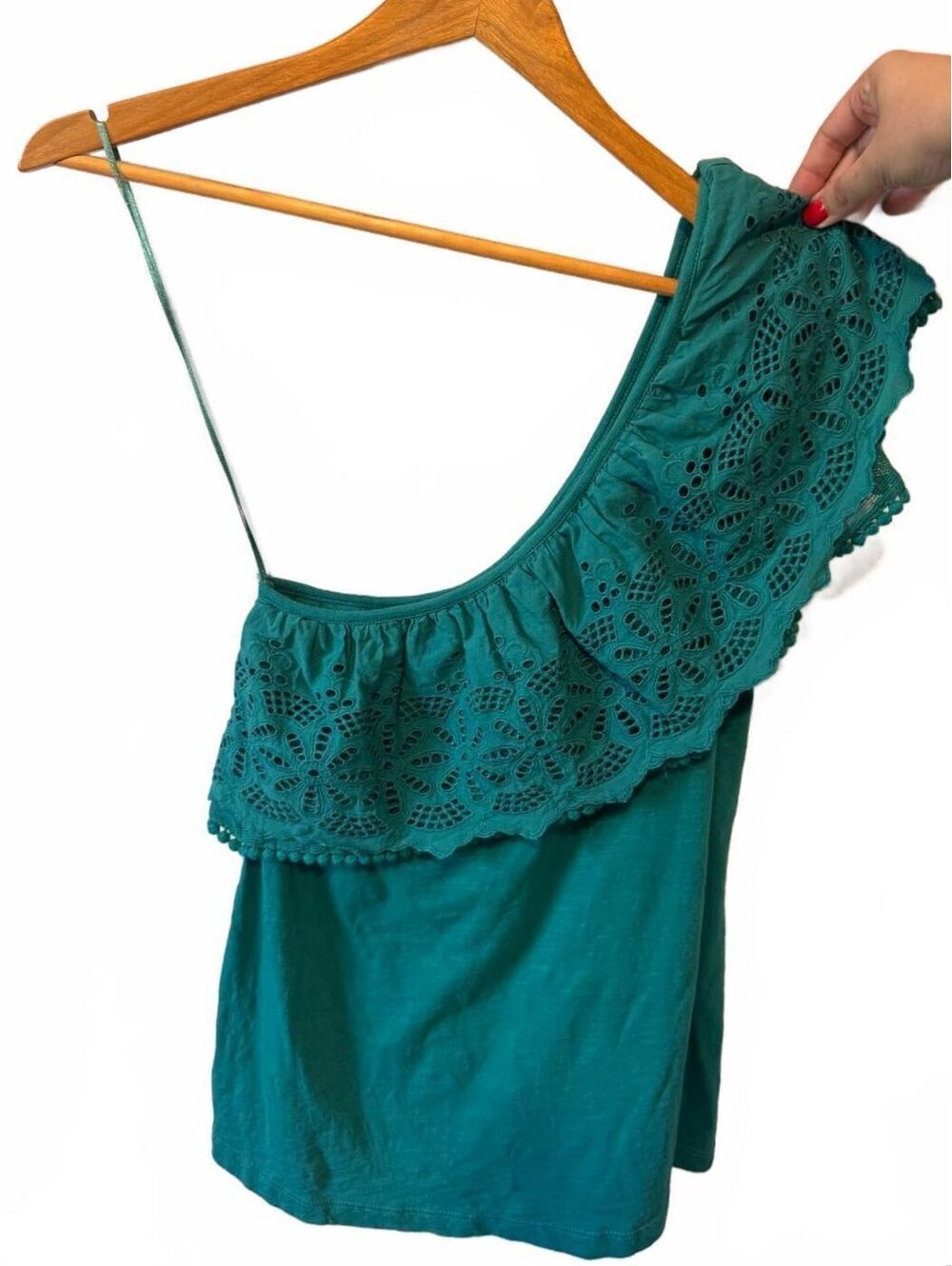 By Anthropologie | Teal Eyelet Lace One Shoulder Top | Boho Ruffle | Size XS